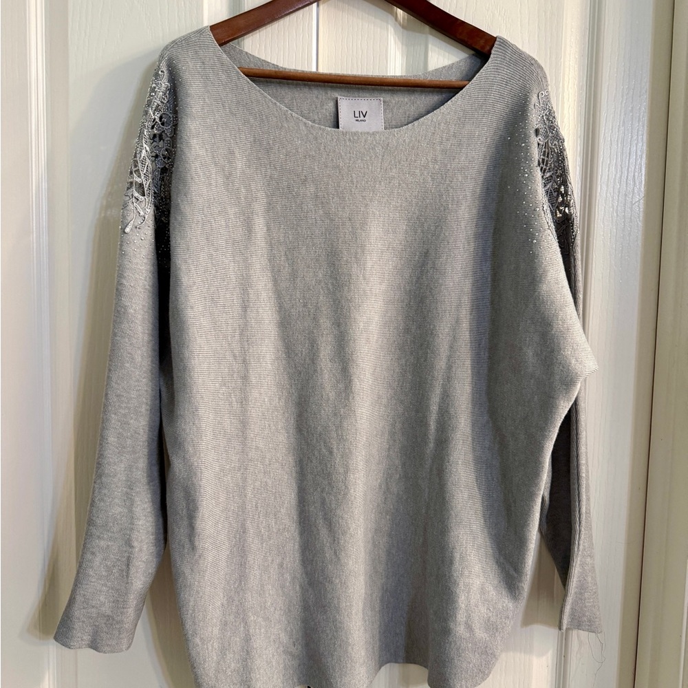 Scoop Neck Sweater with Embellished Cut-Out Lace & Rhinestone Shoulders